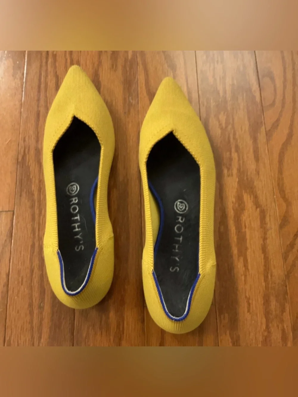 Rothy's Pointed Toe Knit Flats in Yellow with Navy Trim